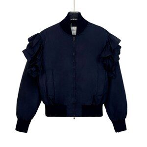 Max Mara Ruffled Sleeve Bomber Jacket Size 8 Nylon & Polyester Black